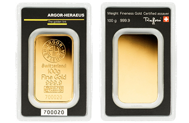 Goldbarren100g kaufen von Argor-Heraeus - Vorder und Rückseite in Blistercard